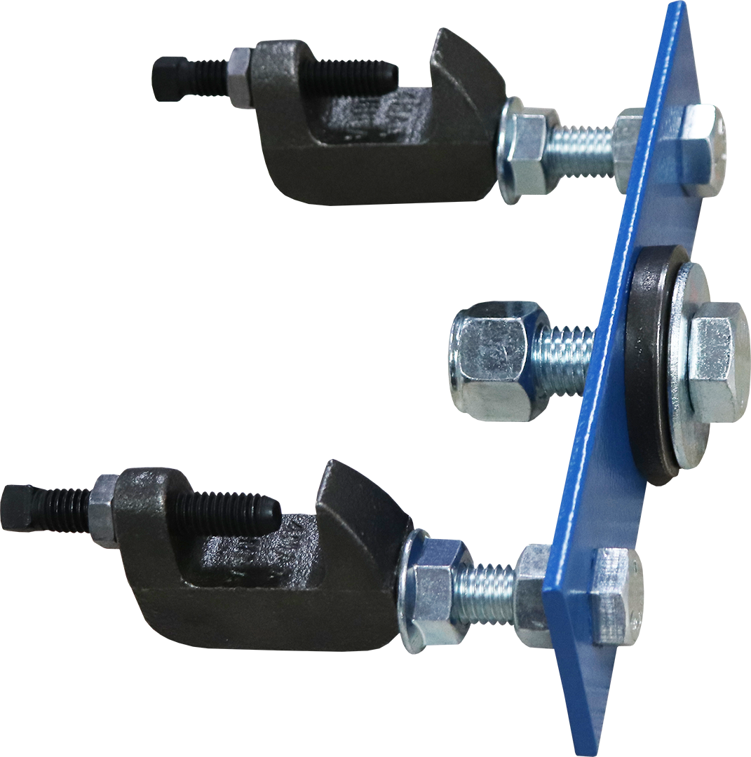 Steel beam clamp mounting kit with bolts, washers, and a blue mounting plate