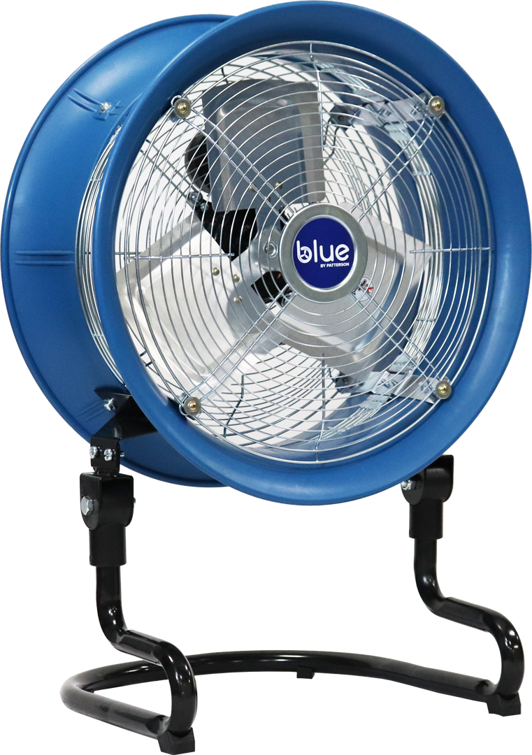 Angled front view of a blue industrial circulation fan with safety grille on a metal floor stand