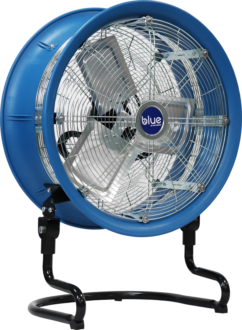 Front angled view of a Blue Air high-velocity portable floor fan with adjustable metal stand