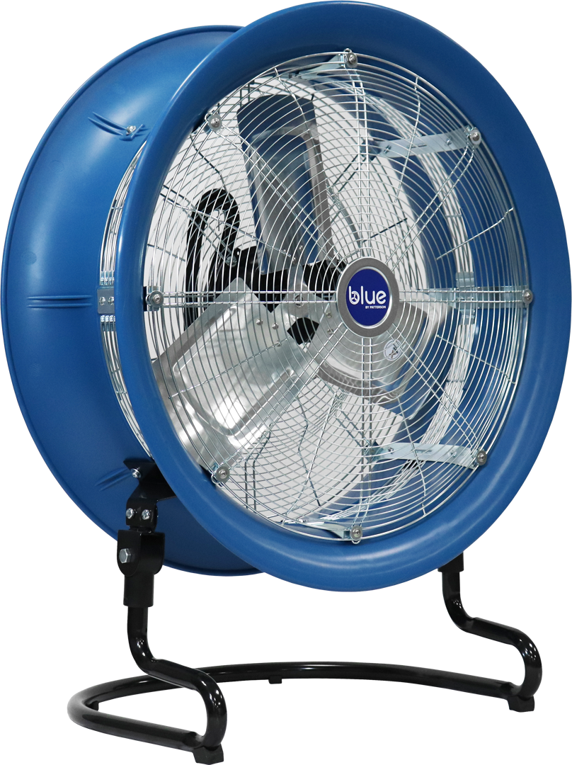 Front angled view of a blue industrial circulation fan with safety grille on a tubular floor stand
