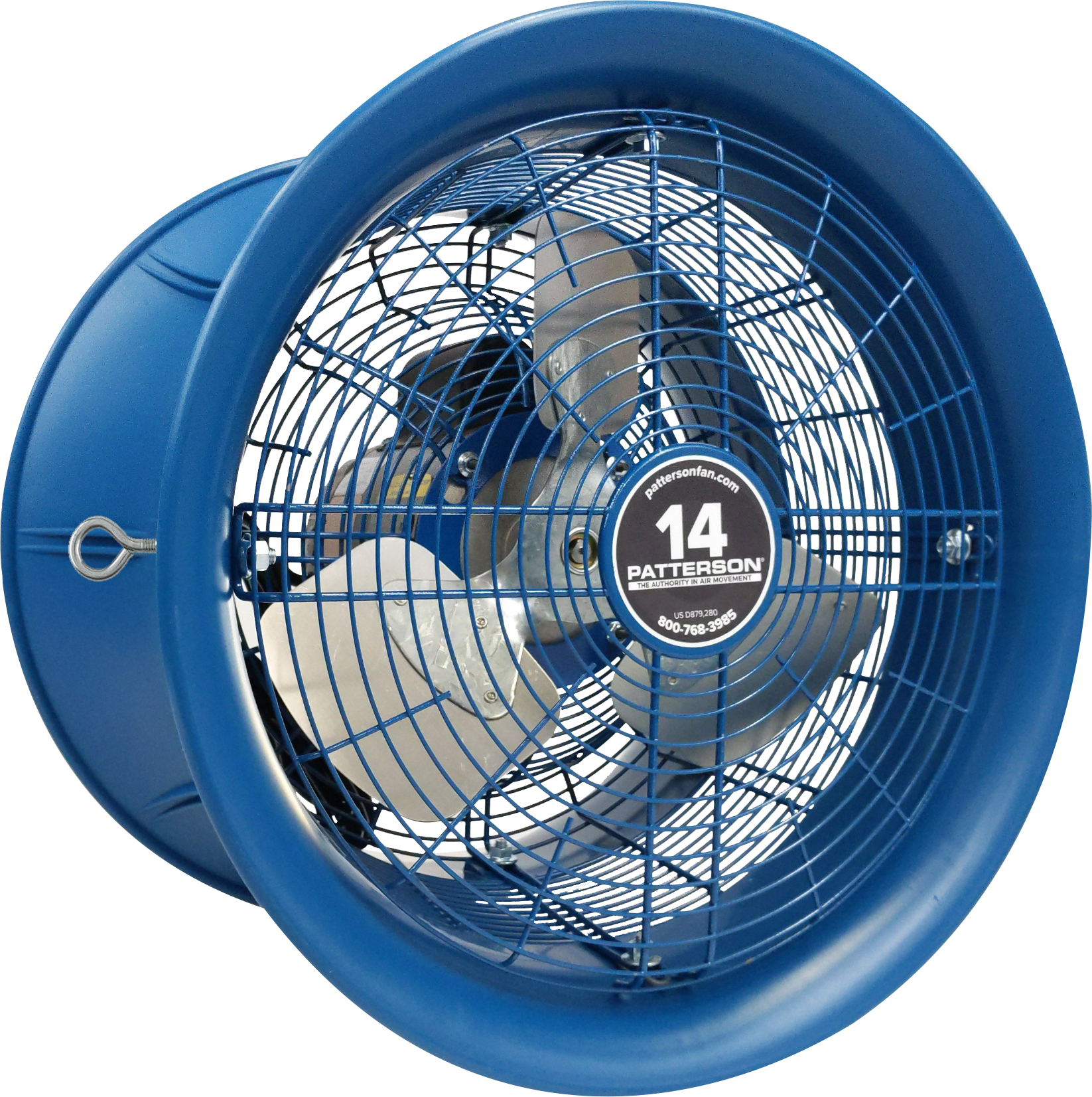 Blue 14-inch industrial circulation fan with protective grille and hanging eye bolt