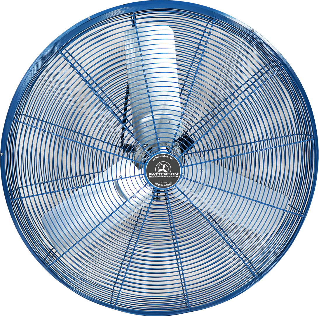 Patterson industrial cage fan with blue wire guard designed for high-volume air movement