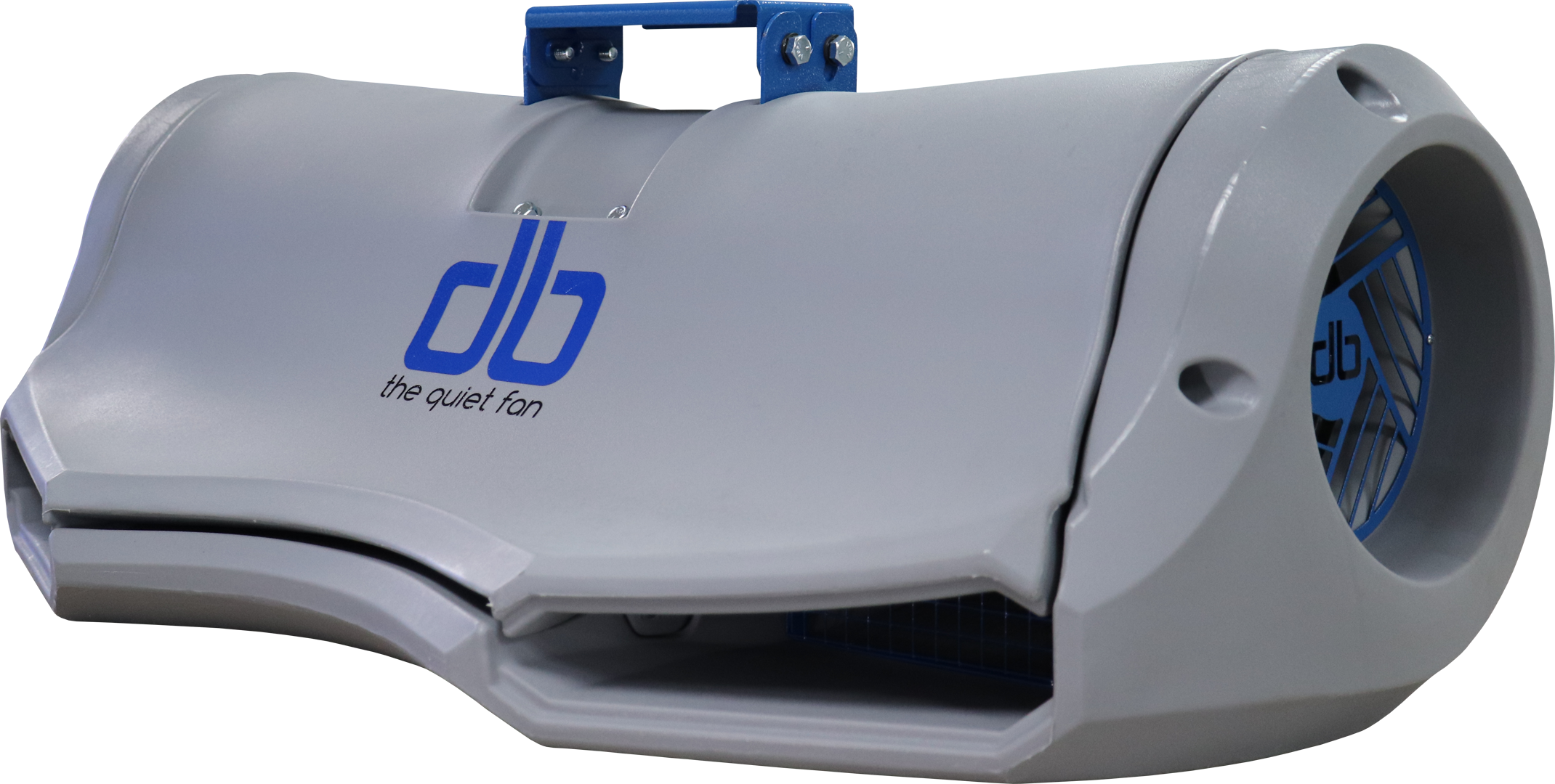 db Quiet Fan industrial barrel fan with low-noise airflow design and blue mounting bracket
