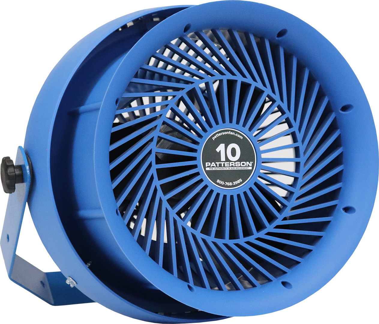 Patterson 10-inch industrial fan with blue safety grille and mounting bracket
