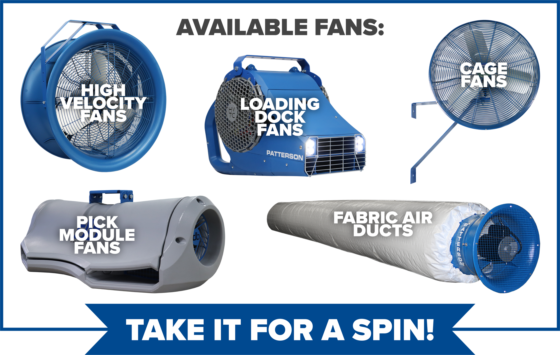 Graphic showing Patterson fan types including high velocity fan, loading dock fans, cage fans, pick module fans, and fabric air ducts