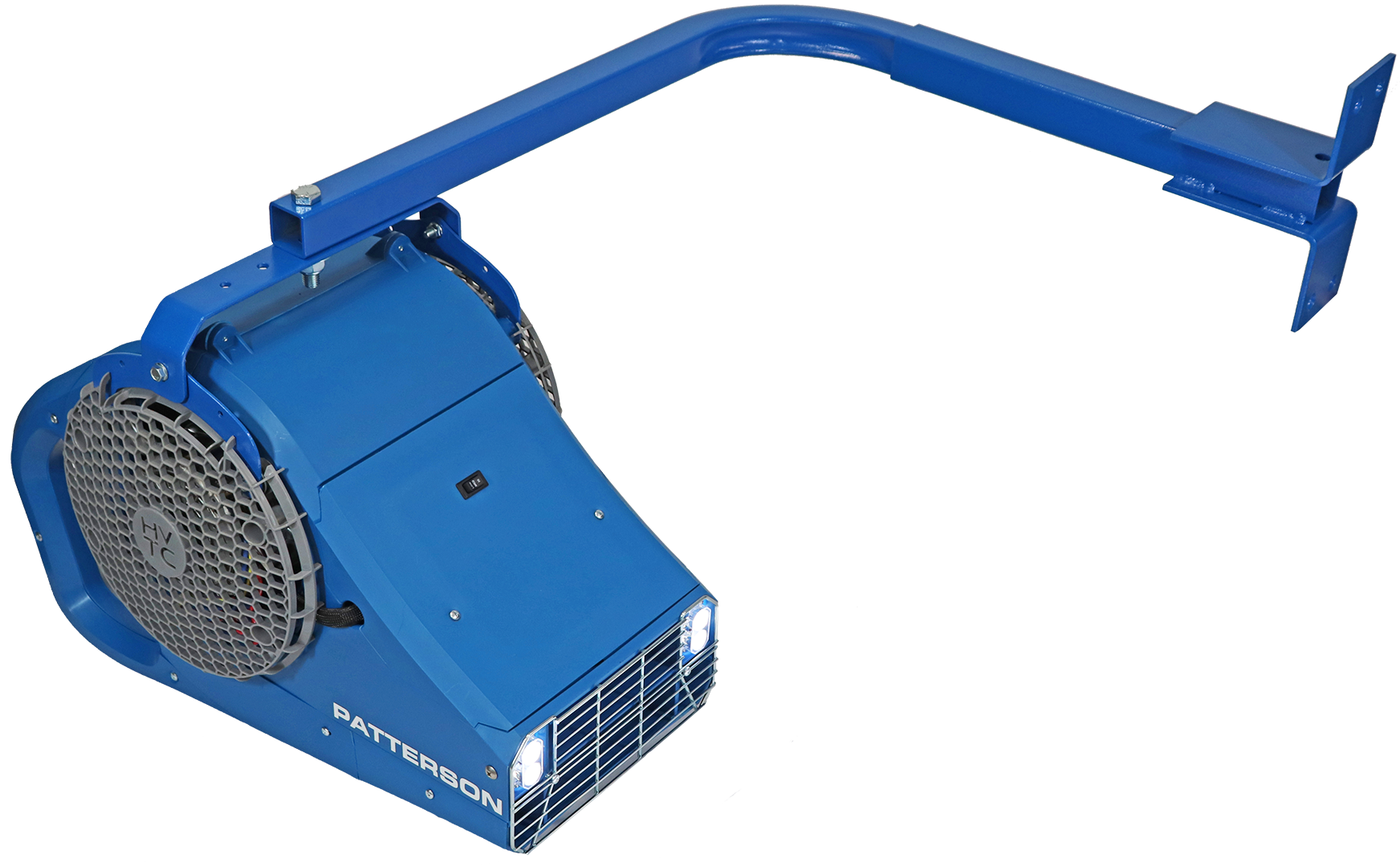 Patterson industrial loading dock fan with extended mounting arm handle and LED lights