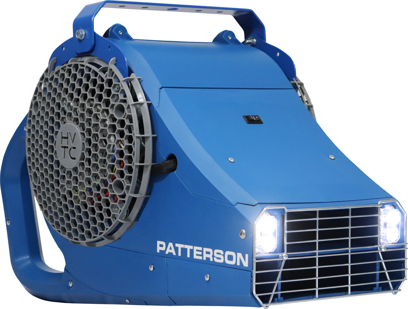 Patterson portable industrial floor fan with handle, protective grille, and LED lights