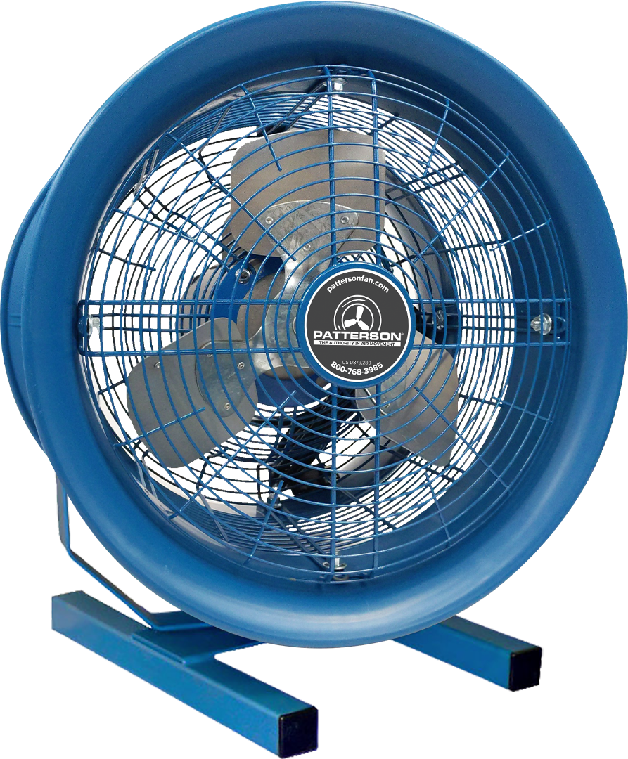 Patterson industrial floor-mount fan with blue steel base