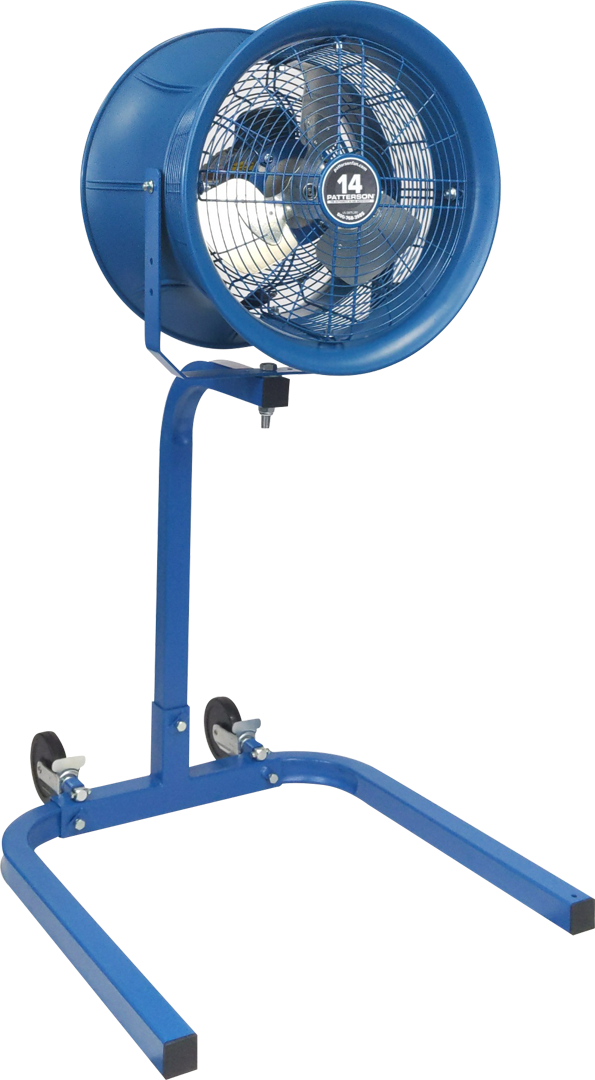 Blue 14-inch industrial drum fan on adjustable stand for warehouse or commercial cooling