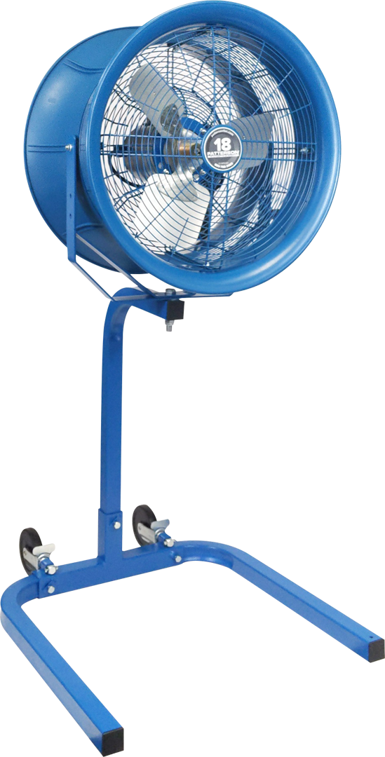 Blue 18-inch industrial drum fan on adjustable stand for warehouse or commercial cooling