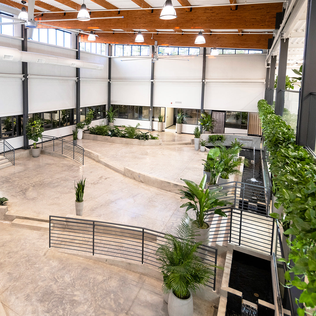 Large industrial ceiling fans installed in a bright commercial atrium with exposed wood beams