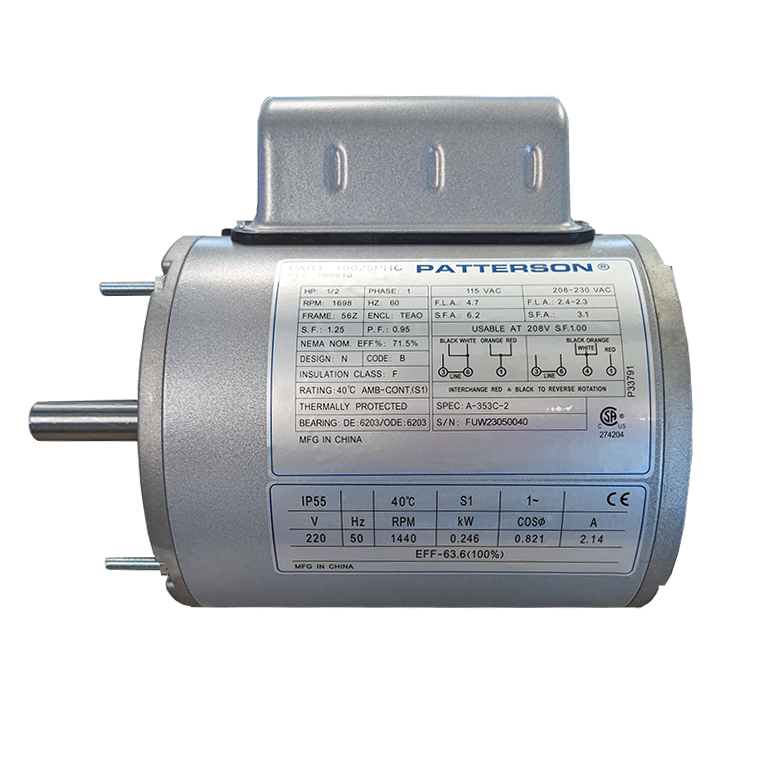 Patterson fan motor with mounting bracket and detailed specification label