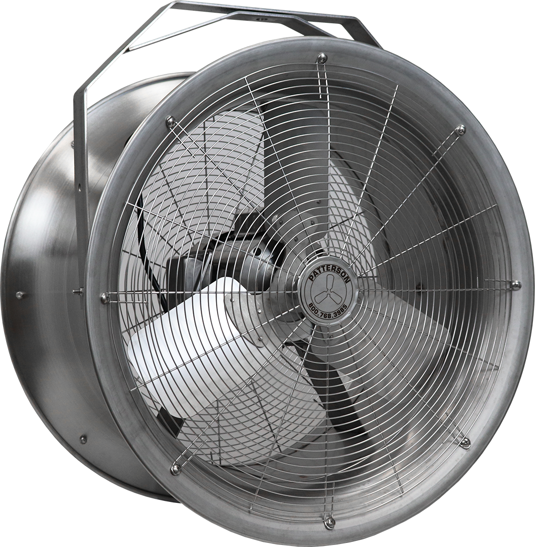 A stainless steel high-velocity industrial fan with a cylindrical shape and a guard around the blades.