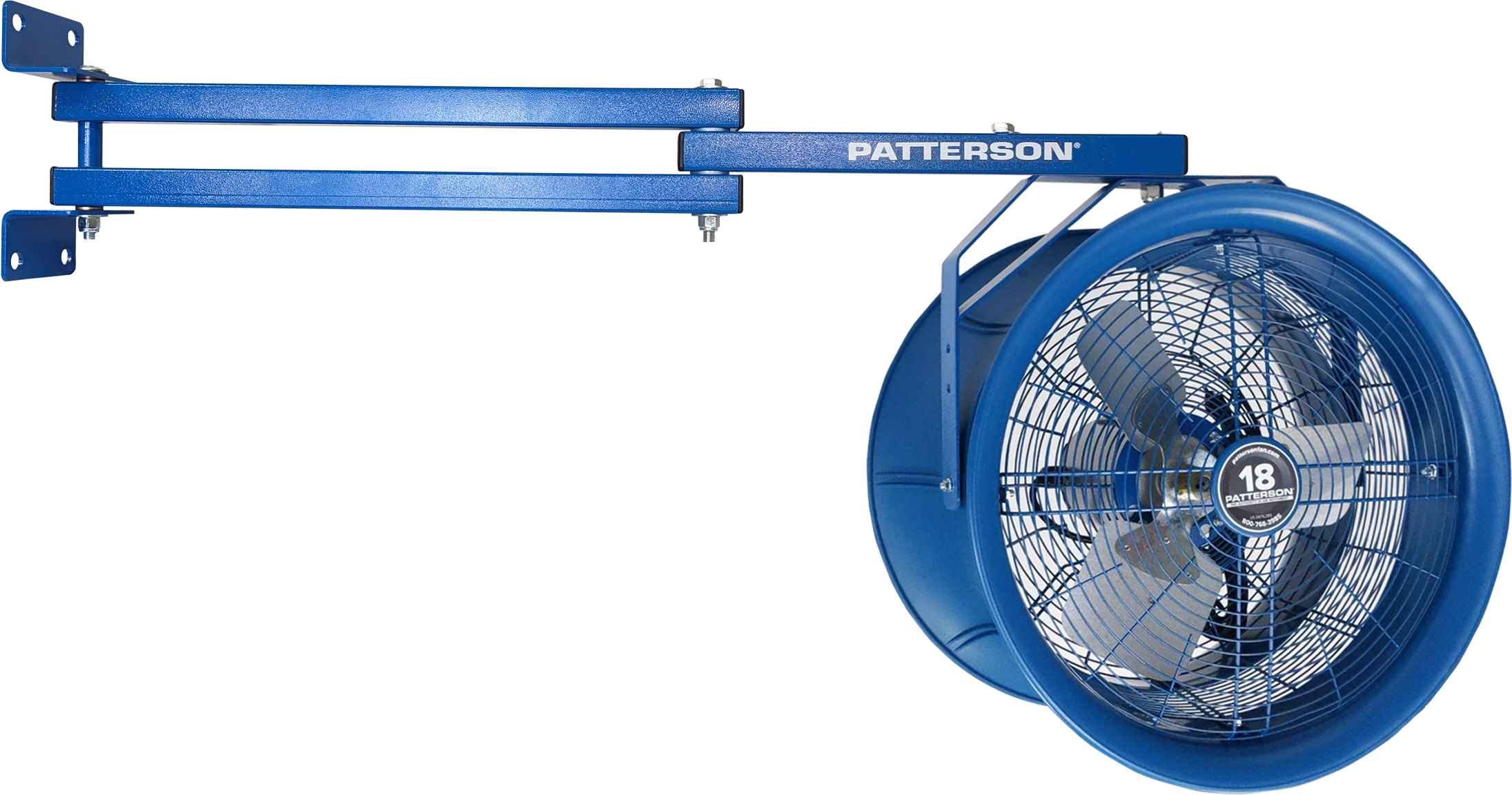 Patterson industrial fan mounted on extended dual-arm wall bracket