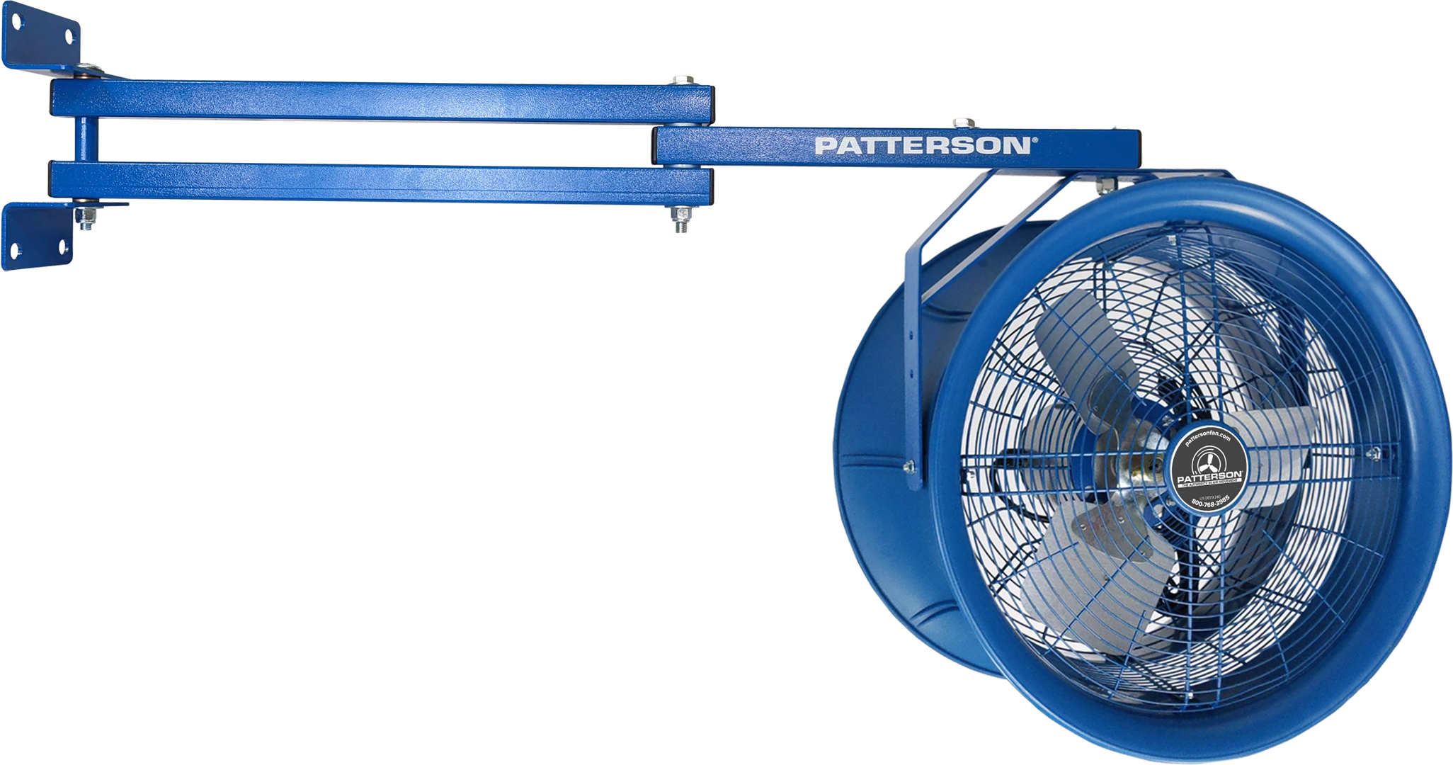 Patterson industrial fan mounted on extended dual-arm wall bracket