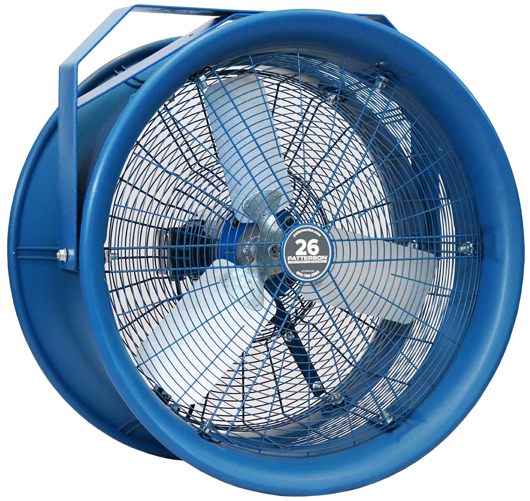 A blue high-velocity industrial fan with metal blades and protective grills.