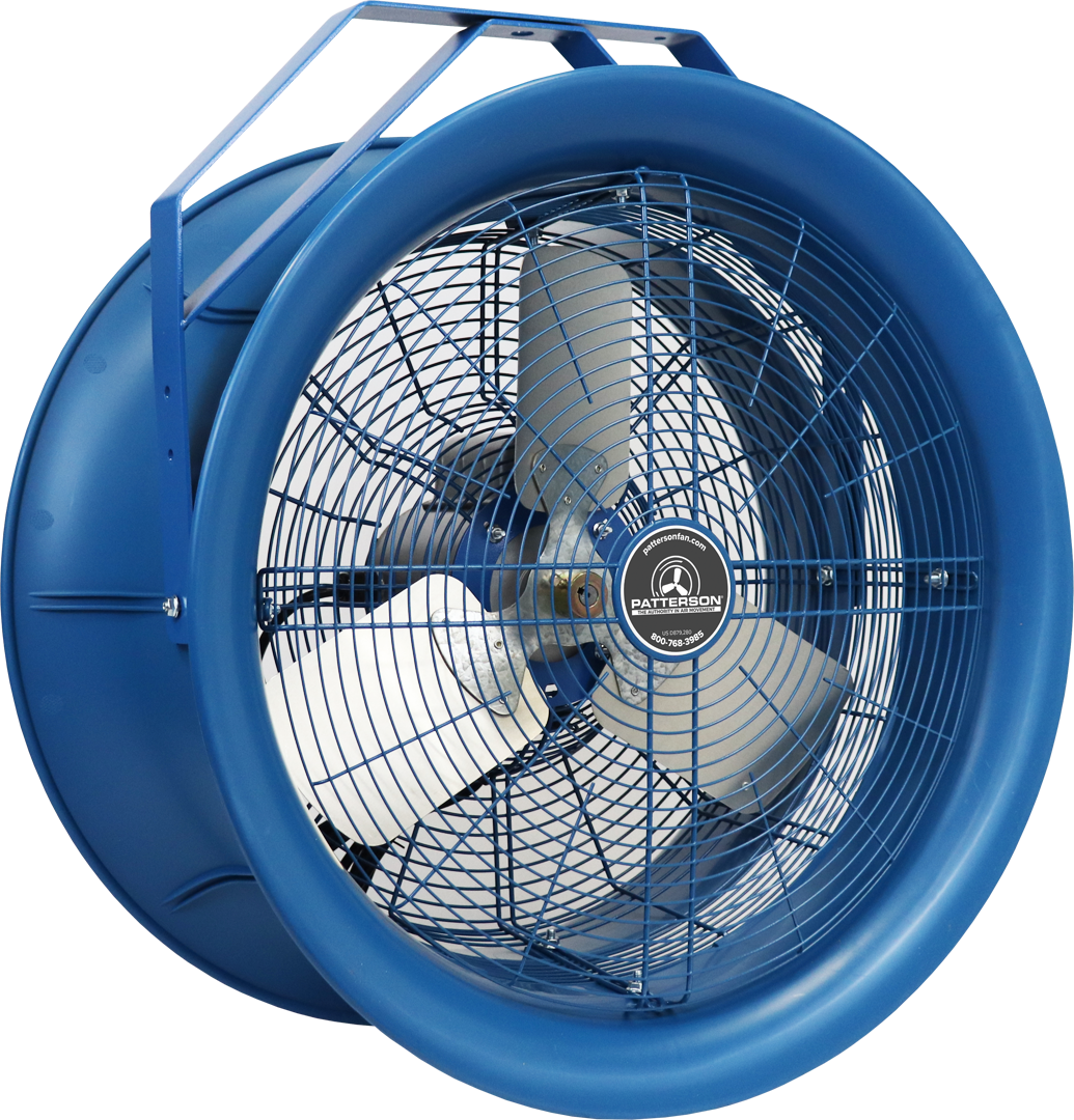 A blue high-velocity industrial fan with metal blades and protective grills.