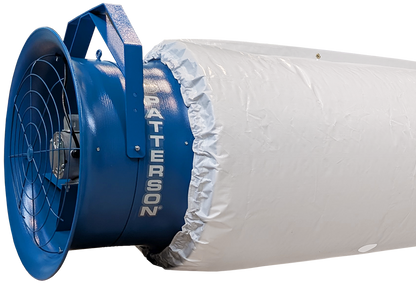 Patterson high-velocity blower connected to flexible ventilation duct