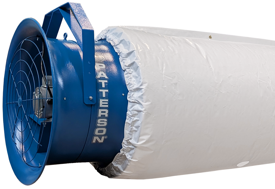 Patterson high-velocity blower connected to flexible ventilation duct