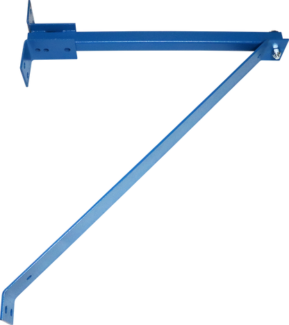 Blue metal mounting bracket with diagonal reinforcement arm and pre-drilled holes