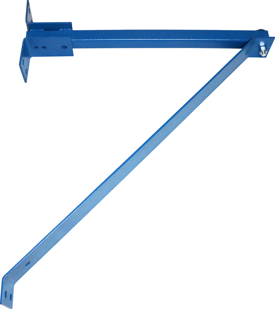 Blue metal mounting bracket with diagonal reinforcement arm and pre-drilled holes