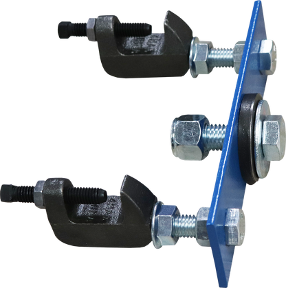 Steel beam clamp mounting kit with bolts, washers, and a blue mounting plate