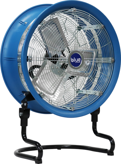 Front angled view of a Blue Air high-velocity portable floor fan with adjustable metal stand