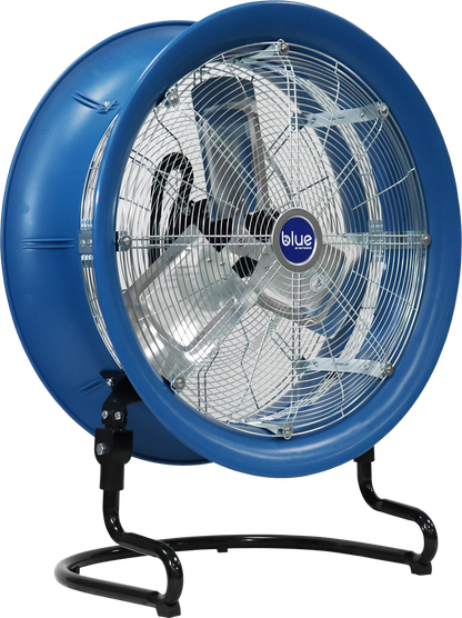 Front angled view of a blue industrial circulation fan with safety grille on a tubular floor stand