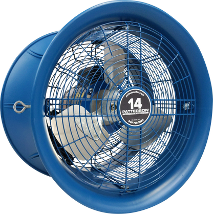 Blue 14-inch industrial circulation fan with protective grille and hanging eye bolt