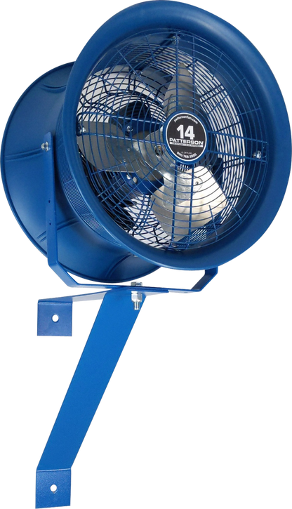 Blue 14-inch industrial drum fan with wall-mount bracket for warehouse cooling