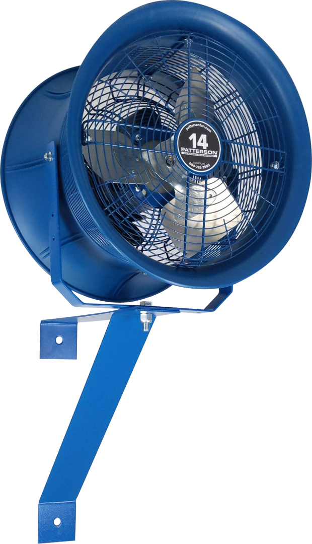 Blue 14-inch industrial drum fan with wall-mount bracket for warehouse cooling