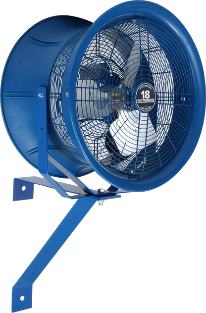 Blue 18-inch industrial drum fan with wall-mount bracket for warehouse cooling