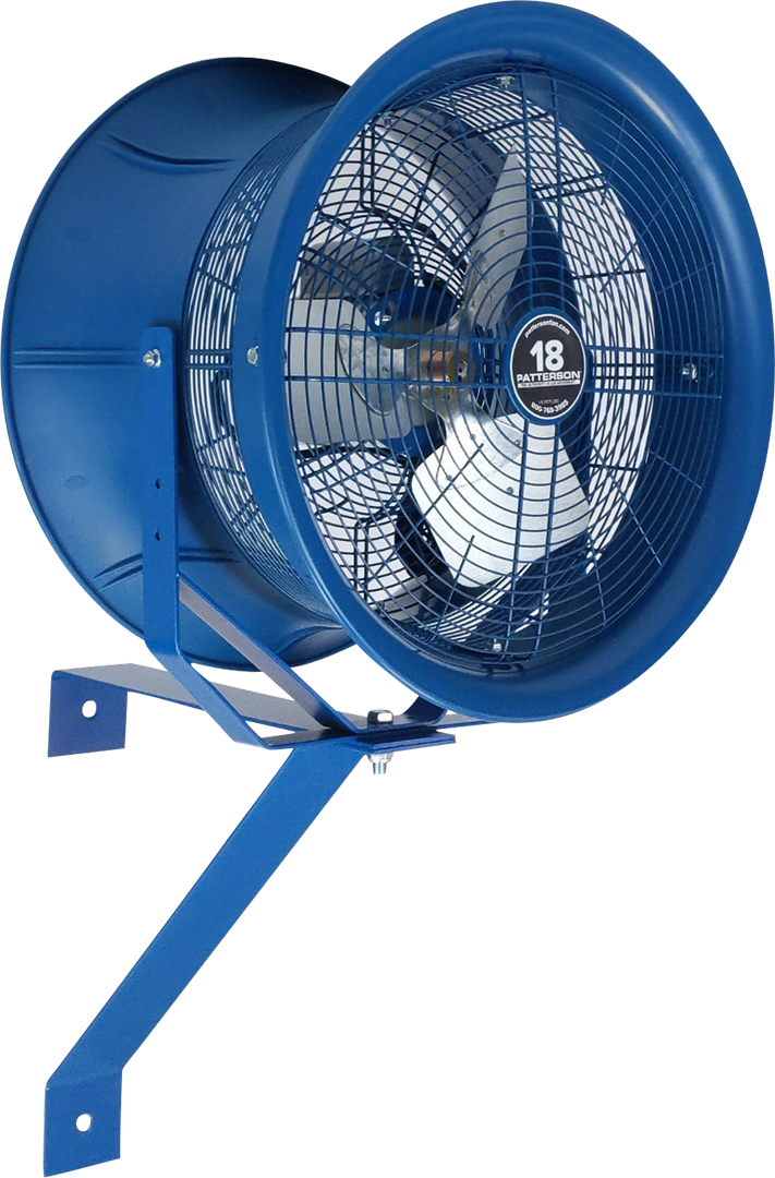 Blue 18-inch industrial drum fan with wall-mount bracket for warehouse cooling