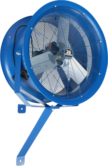 Blue 26-inch industrial drum fan with wall-mount bracket for warehouse cooling