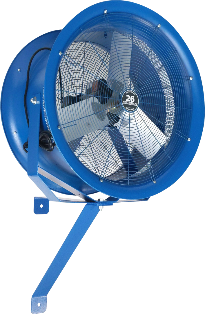 Blue 26-inch industrial drum fan with wall-mount bracket for warehouse cooling