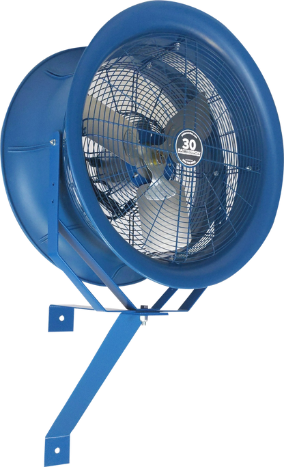Blue 30-inch industrial drum fan with wall-mount bracket for warehouse cooling