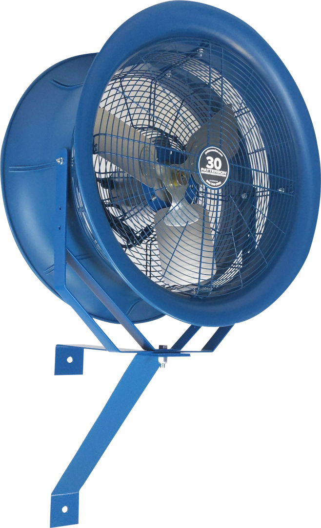 Blue 30-inch industrial drum fan with wall-mount bracket for warehouse cooling