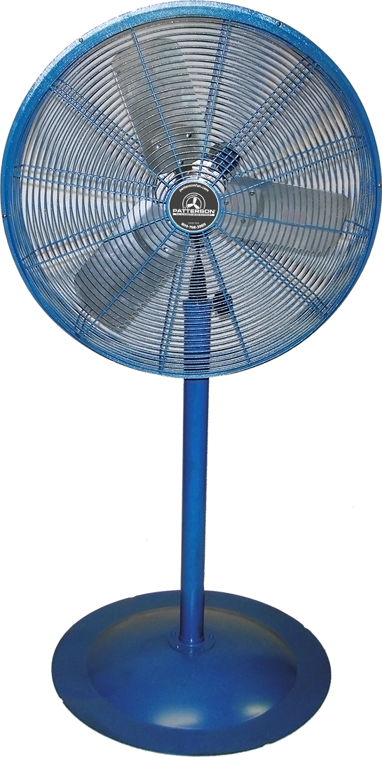 Patterson pedestal-mounted industrial fan with blue safety guard and high-velocity blades