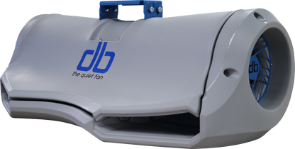 db Quiet Fan industrial barrel fan with low-noise airflow design and blue mounting bracket