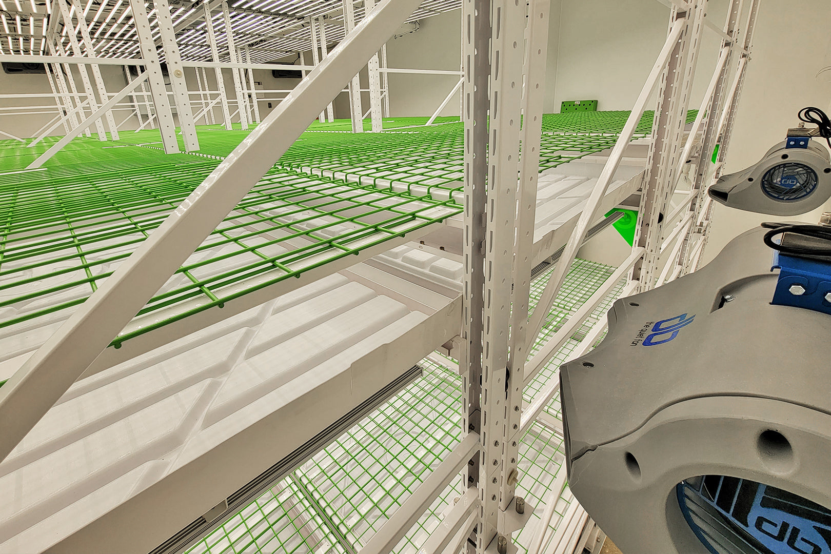 db industrial circulation fans mounted in multi-tier cannabis grow facility for improved airflow and climate control
