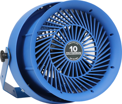 Patterson 10-inch industrial fan with blue safety grille and mounting bracket