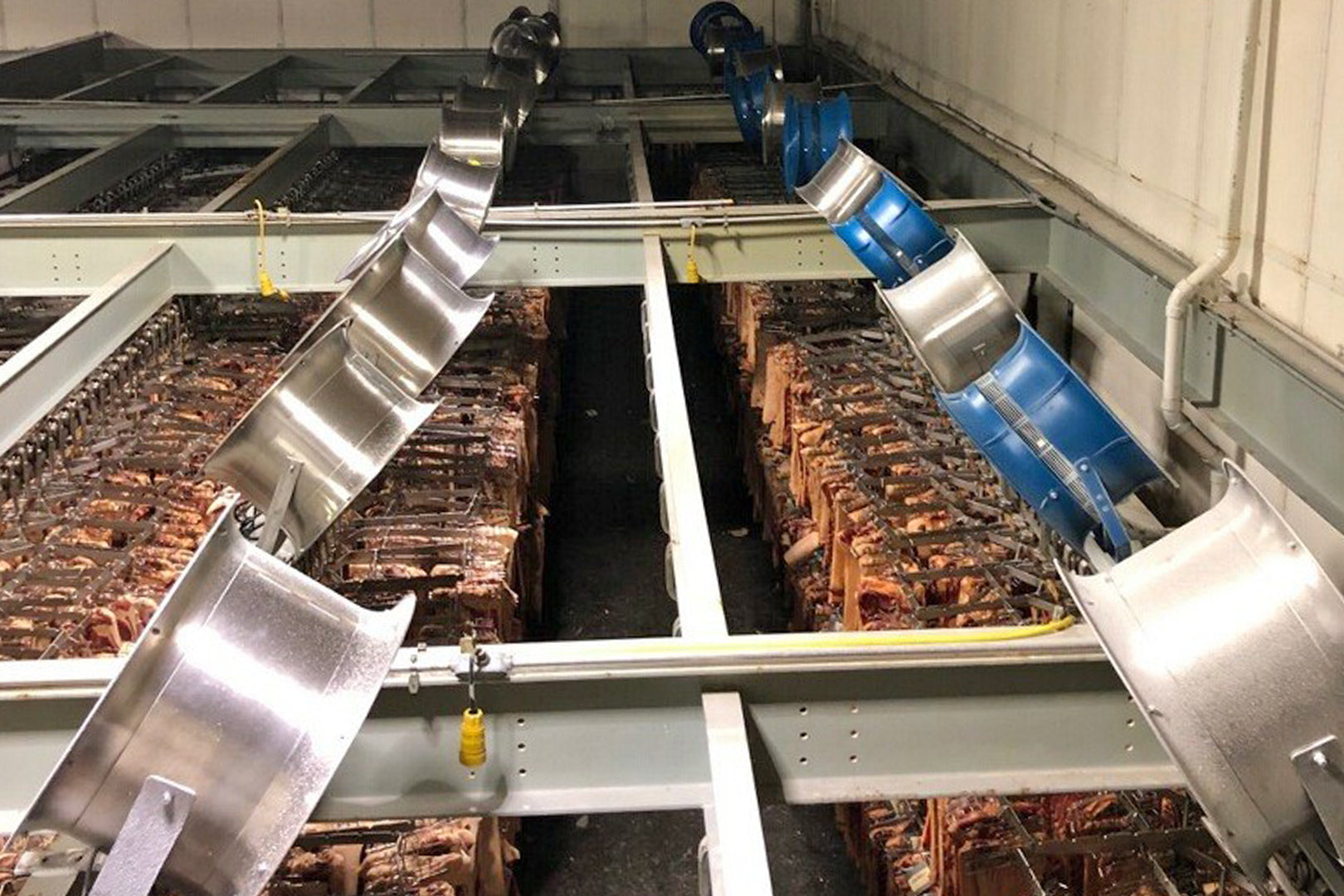Axial fans for ventilation in meat processing plant. 