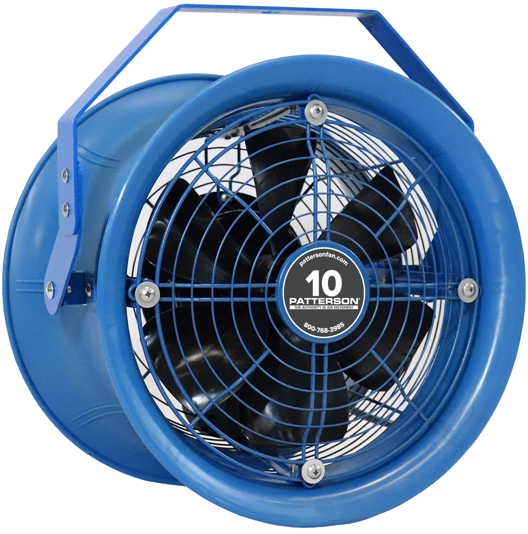 Patterson 10-inch industrial circulation fan with protective grille and mounting bracket