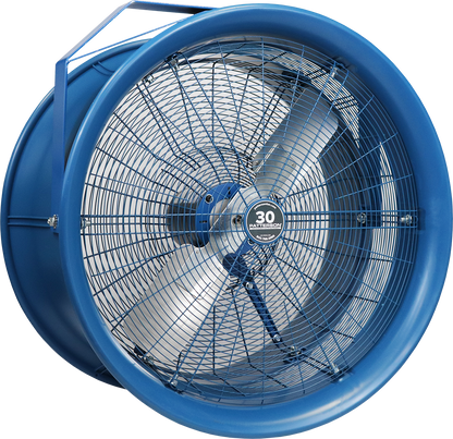 30-inch industrial blue drum fan with heavy-duty frame for high-velocity airflow