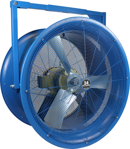34-inch industrial blue drum fan with heavy-duty frame for high-velocity airflow