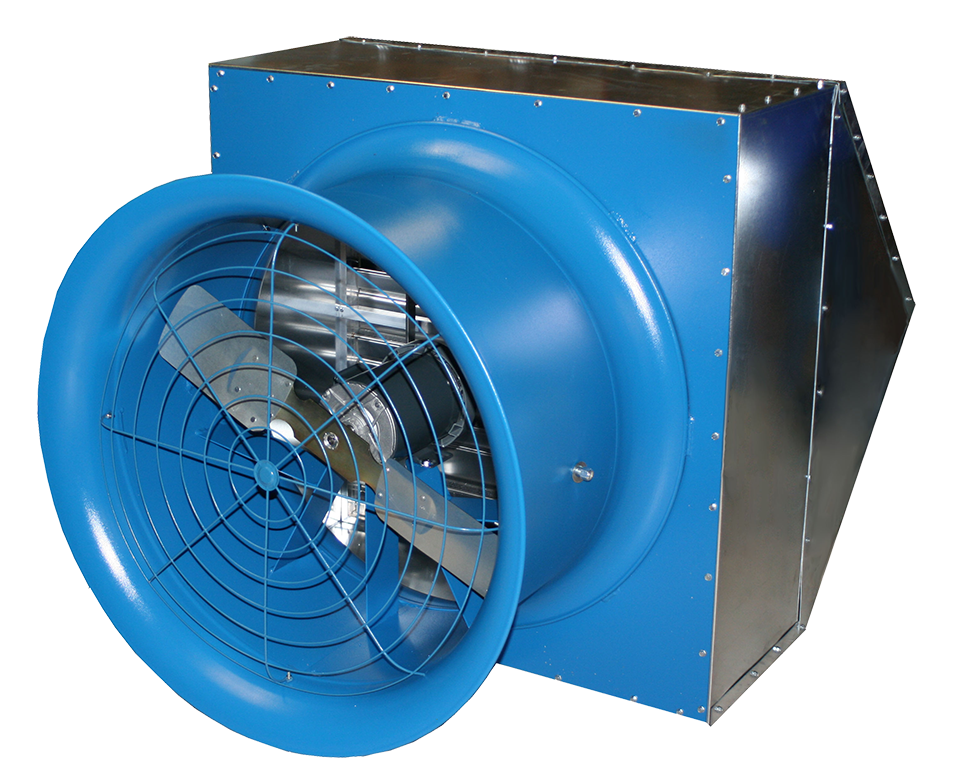 Blue Patterson industrial ventilation fan with metal housing, designed for high-volume airflow in warehouses and commercial facilities