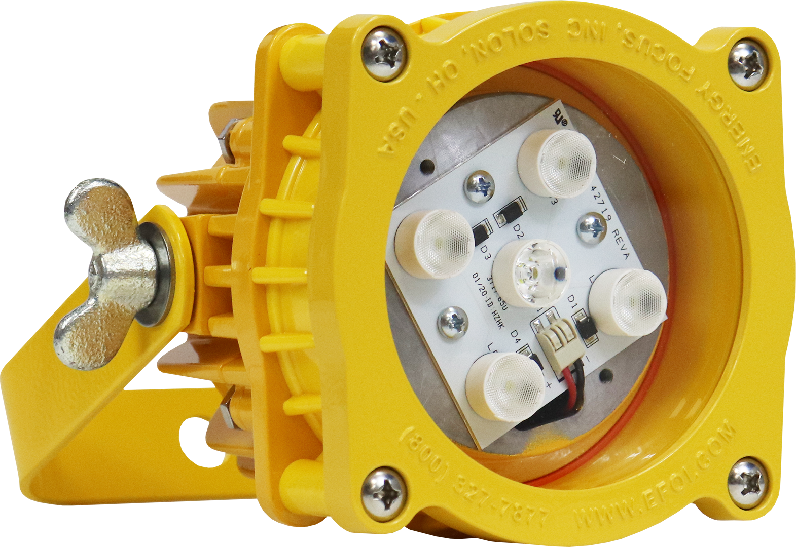 Yellow Patterson industrial fan LED module housing with mounting bracket