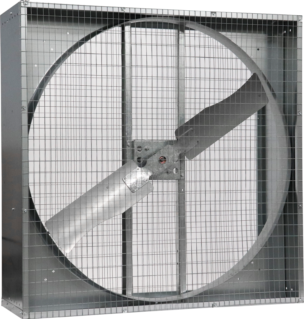 An industrial exhaust fan with protective grills, primarily designed for live haul agriculture use.