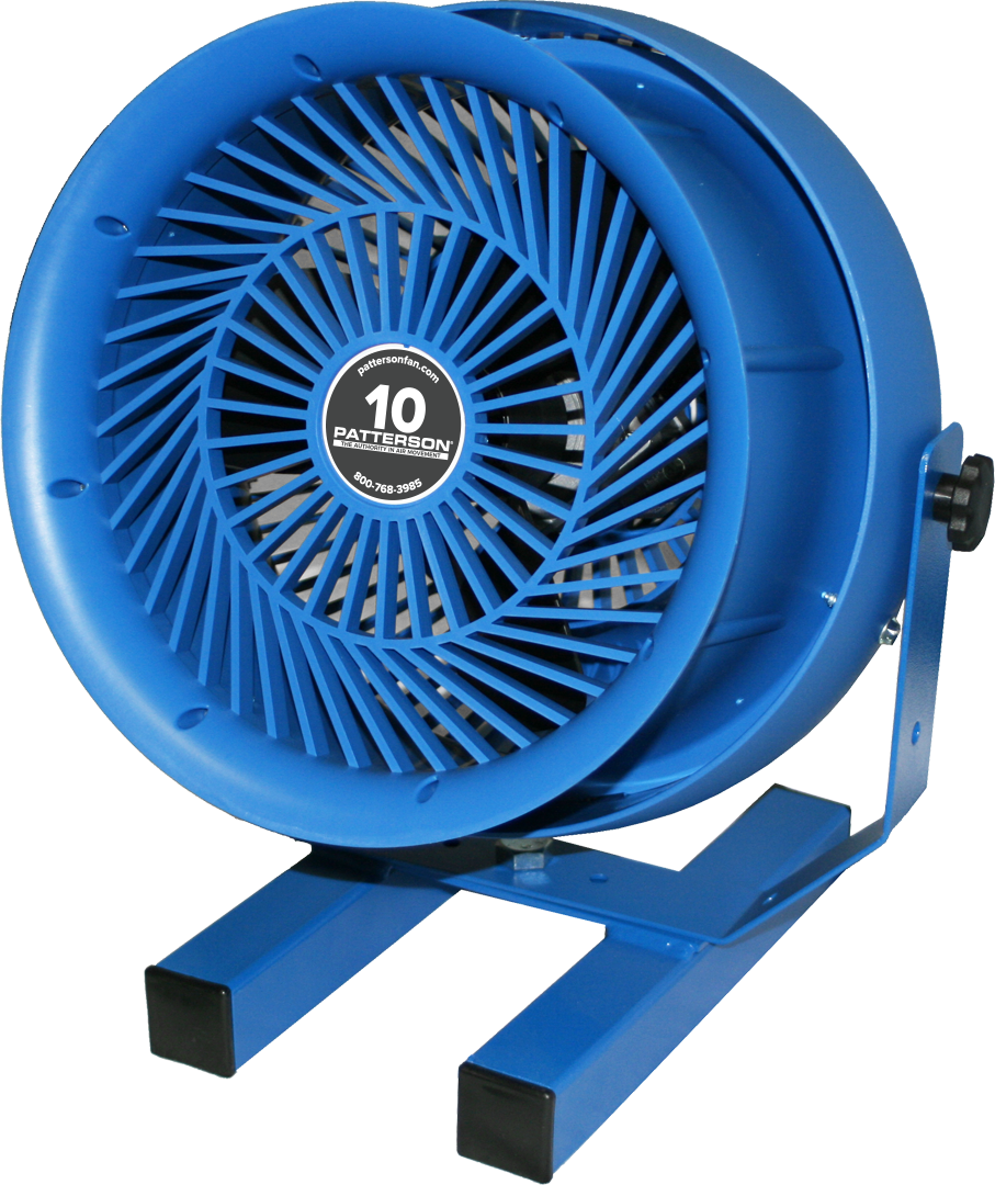 Patterson 10-inch industrial fan on a blue floor stand