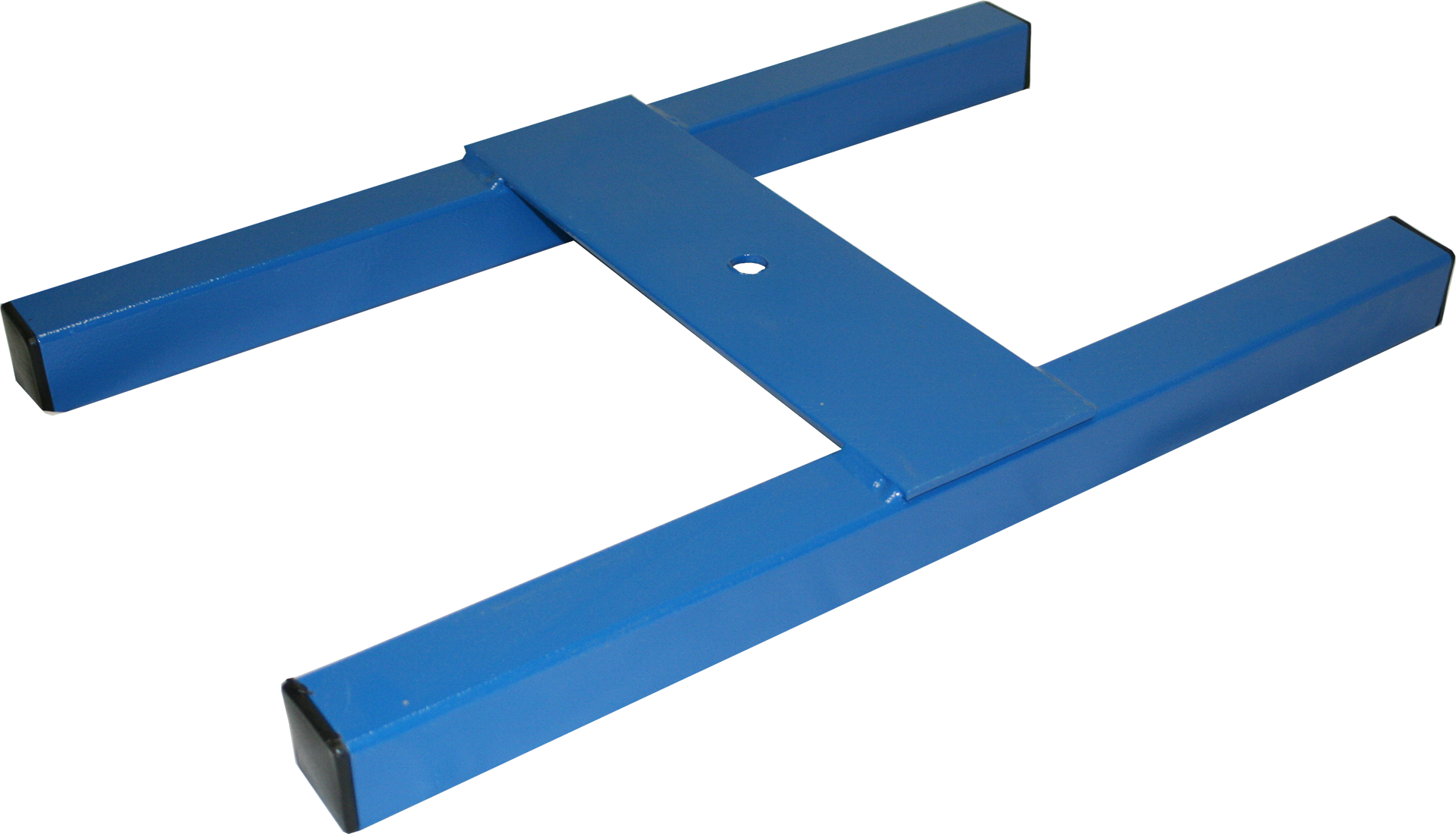 Blue metal T-shaped support bracket with rectangular tube arms